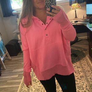 Mindful Cotton Pocketed Henley Hoodie PINK